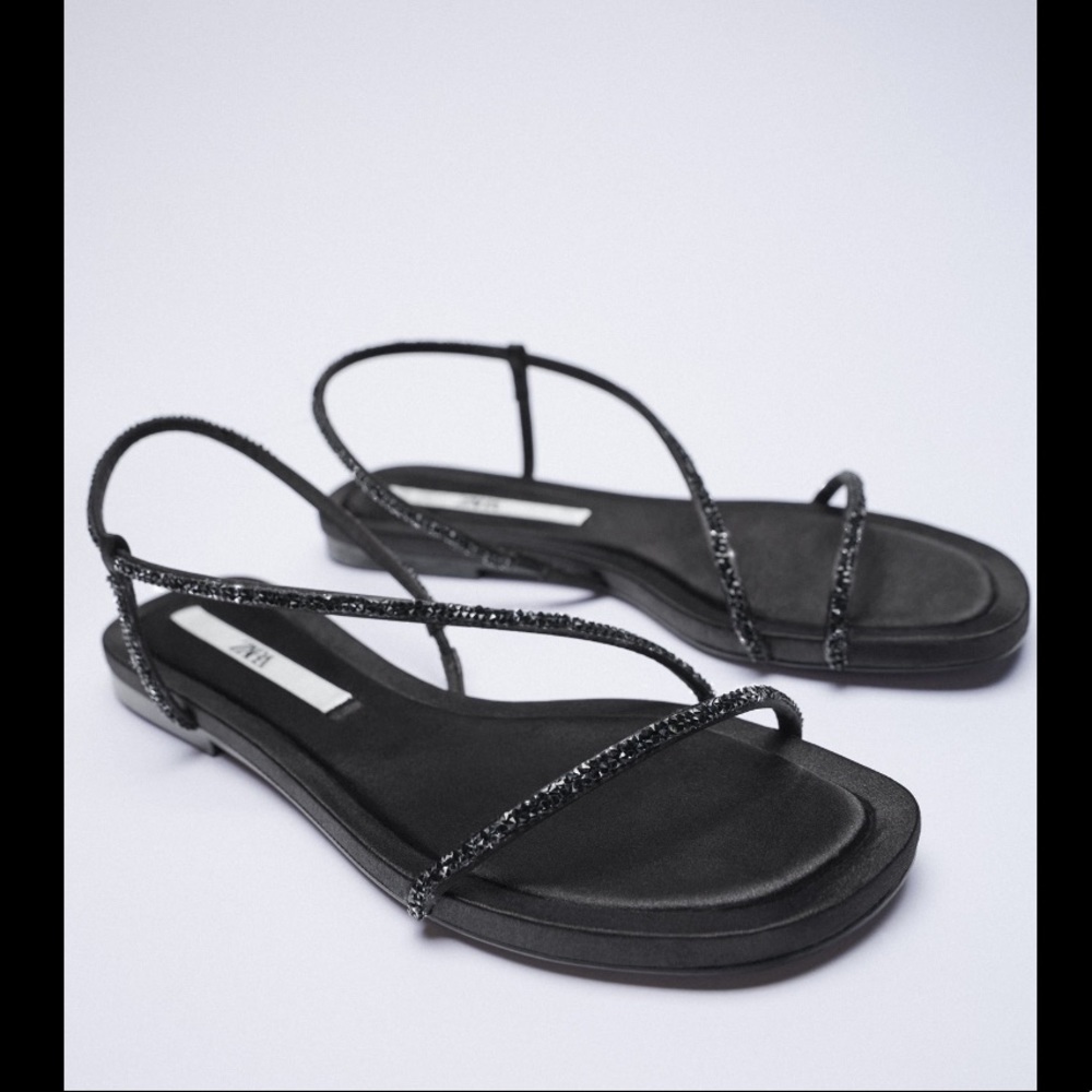 Zara Sparkly Low Heel Black Sandals